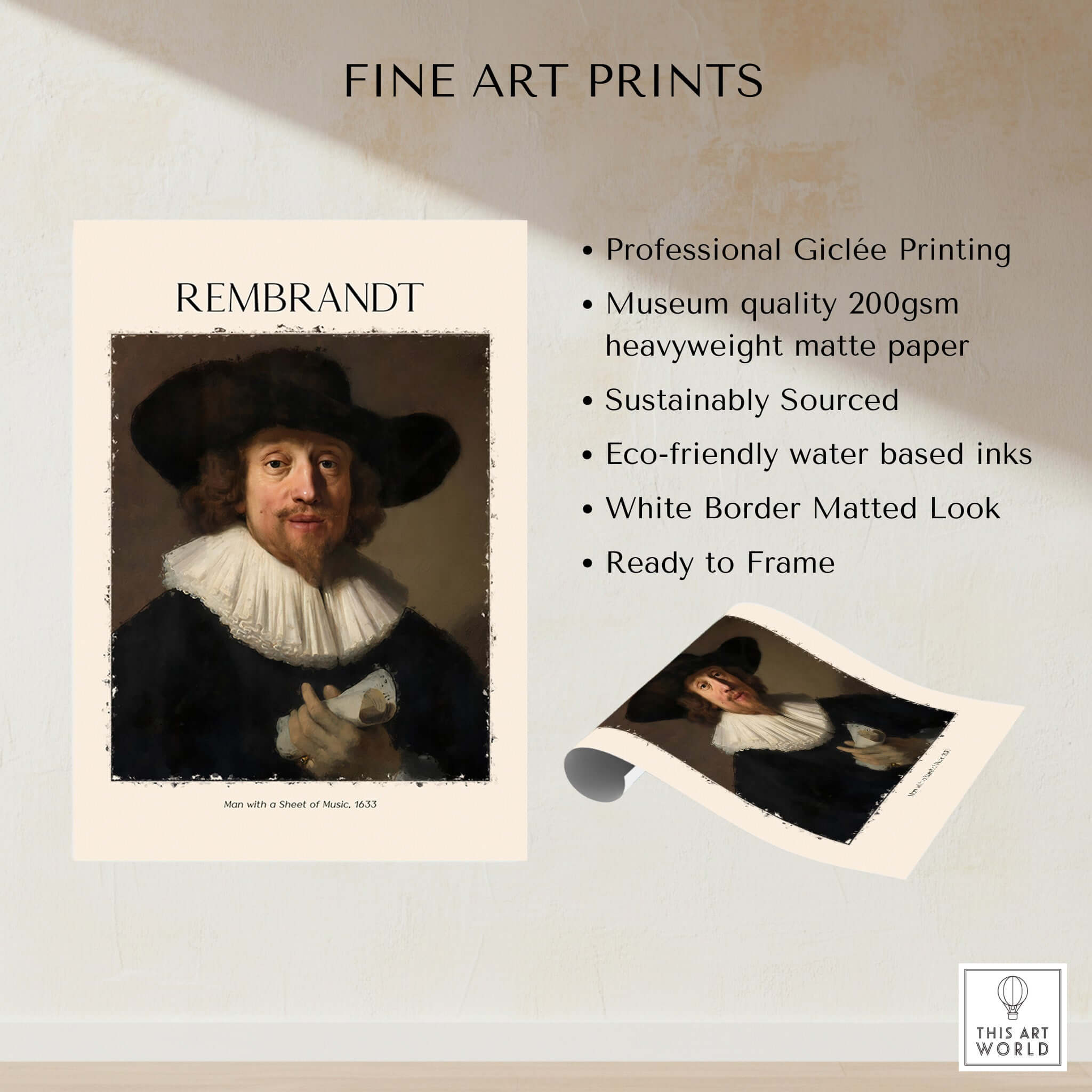 Rembrandt Man with Sheet Music 1633 Portrait Art Print Dutch Master Poster showcasing Giclée printing and museum quality.