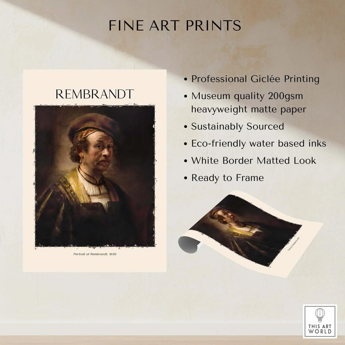 Rembrandt Self Portrait 1650 Dutch Master Painter Art Print Poster Wall Decor features professional Giclée printing.