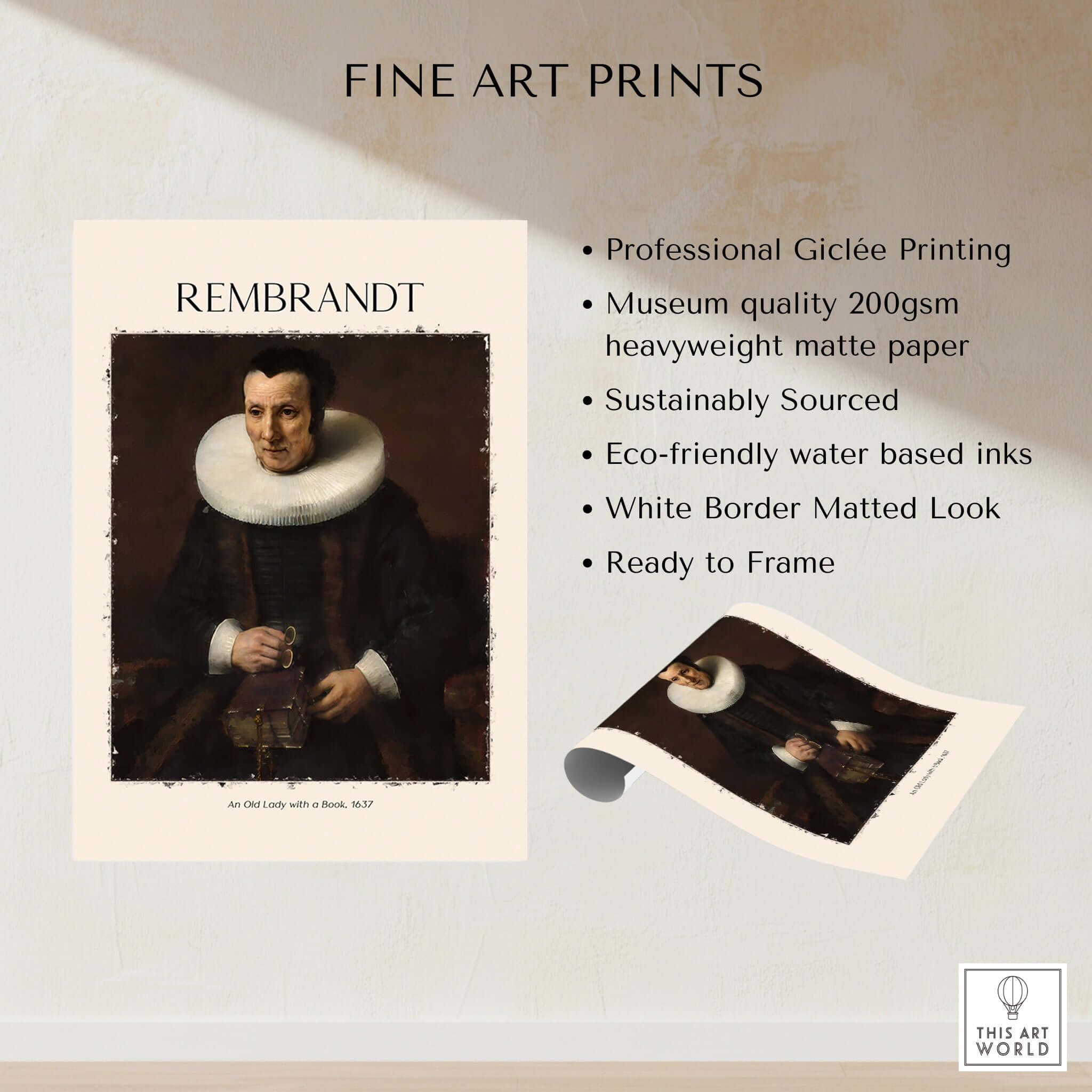 Rembrandt Old Lady with Book 1637 Portrait Print Dutch Golden Age Poster Art showcasing features of fine art prints.