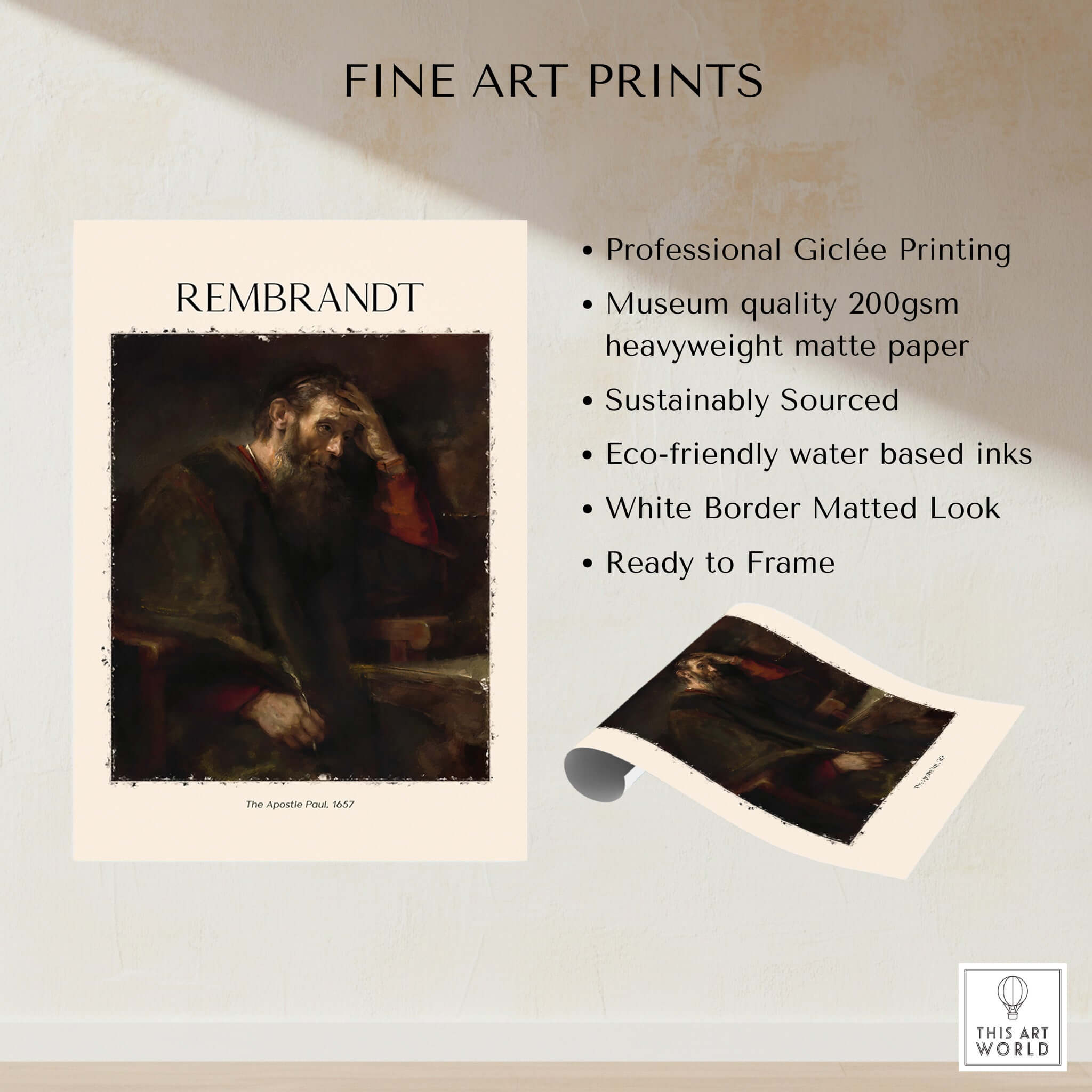 Rembrandt The Apostle Paul 1657 Religious Art Print Baroque Painting Poster showcasing professional Giclée printing.