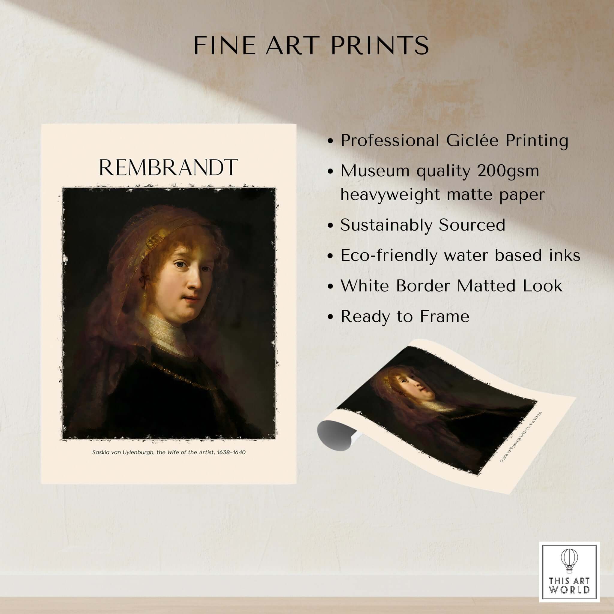 Rembrandt Saskia van Uylenburgh Portrait Print Wife Artist Dutch Poster Wall Art showcasing professional giclée printing.