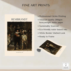 Rembrandt The Night Watch 1642 Famous Dutch Master Painting Art Print Poster showcasing professional Giclée printing on quality paper.