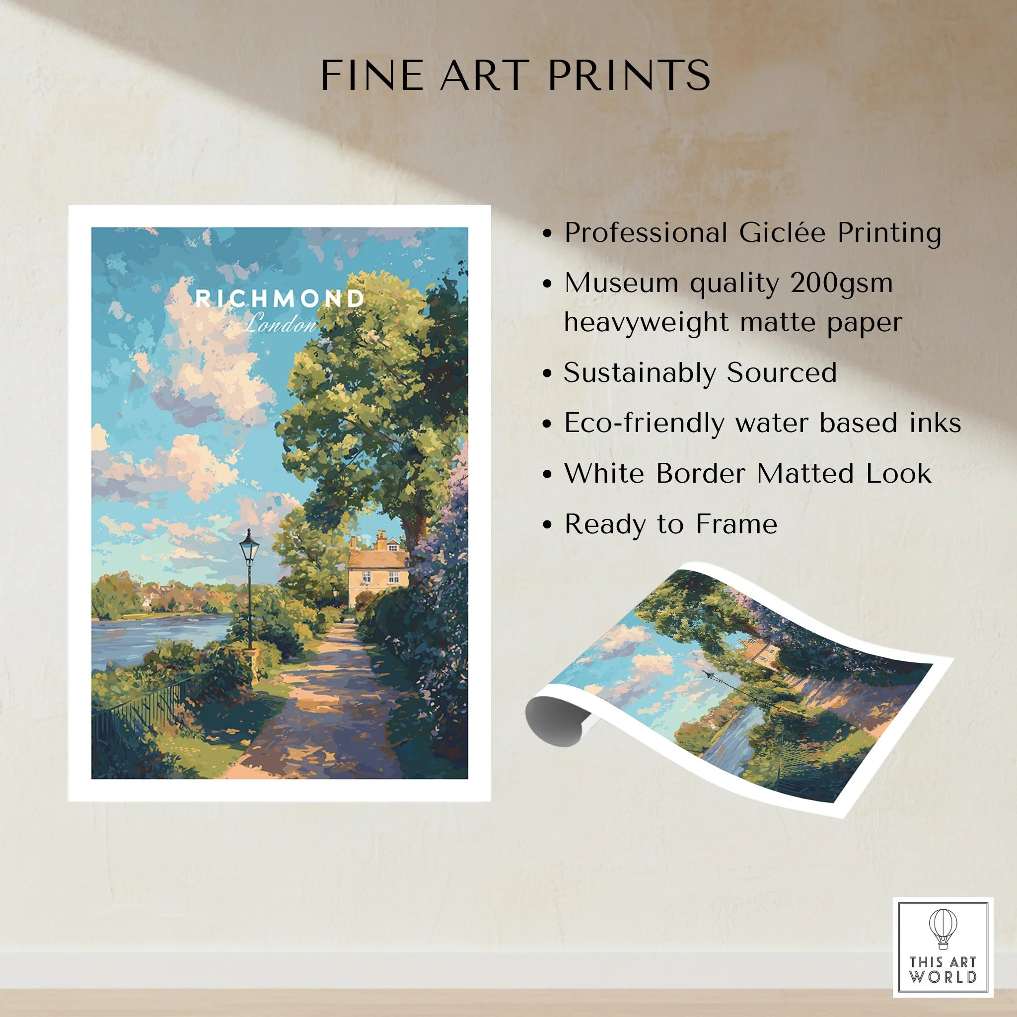 Richmond London fine art print showing riverside path, trees, and scenic sky, unframed poster.