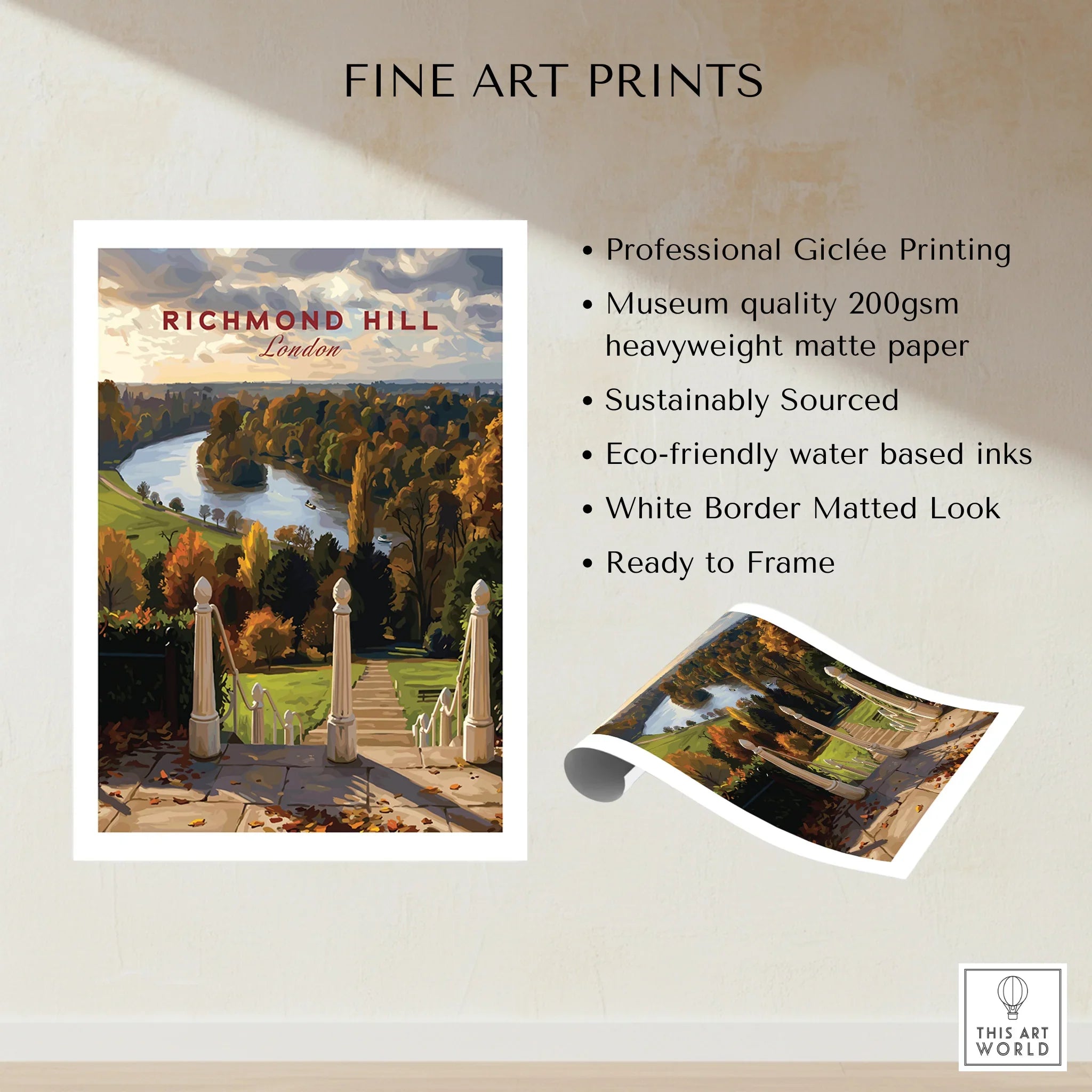 Richmond Hill London art print with scenic river view, unframed fine art poster display