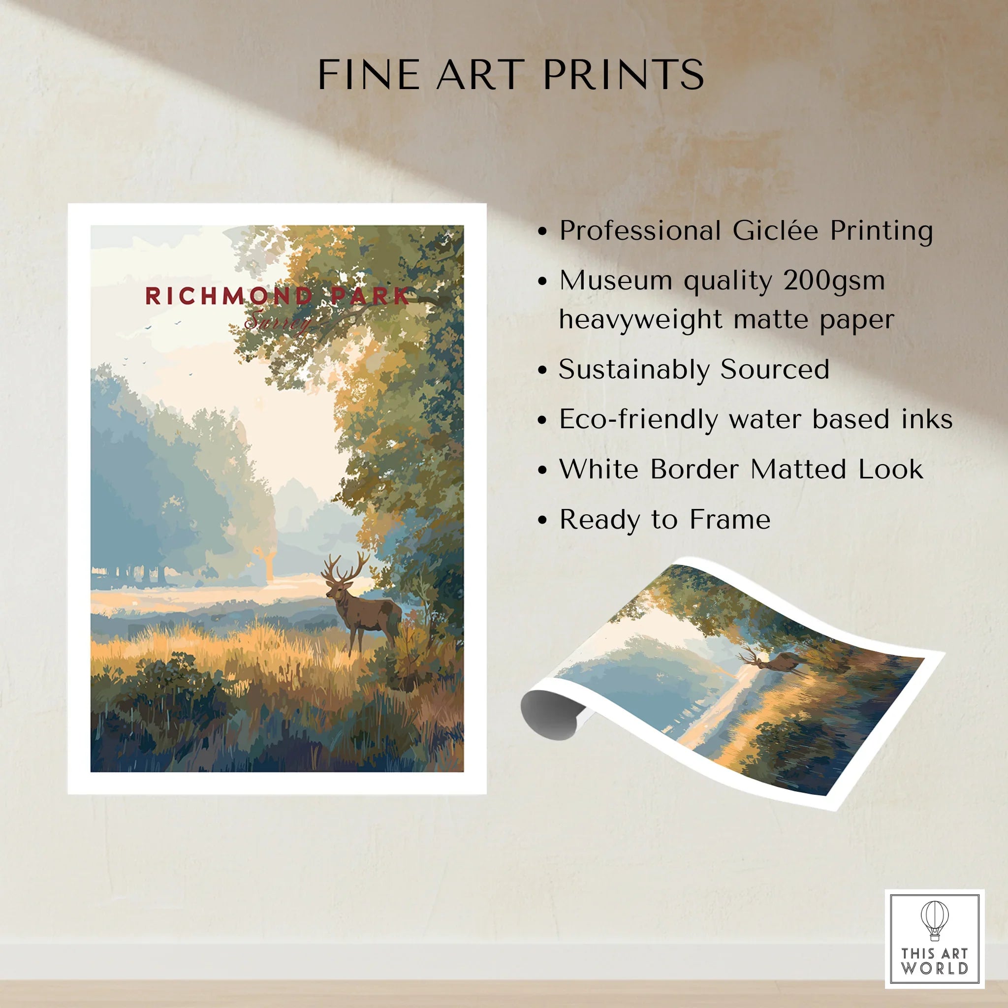 Richmond Park fine art print with deer, landscape scene, and unframed rolled poster details