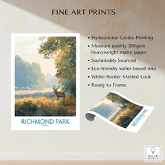 Richmond Park art print featuring a stag in a sunlit landscape, unframed matte poster