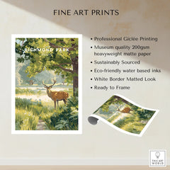 Richmond Park art print with stag in sunlit meadow, unframed travel poster illustration