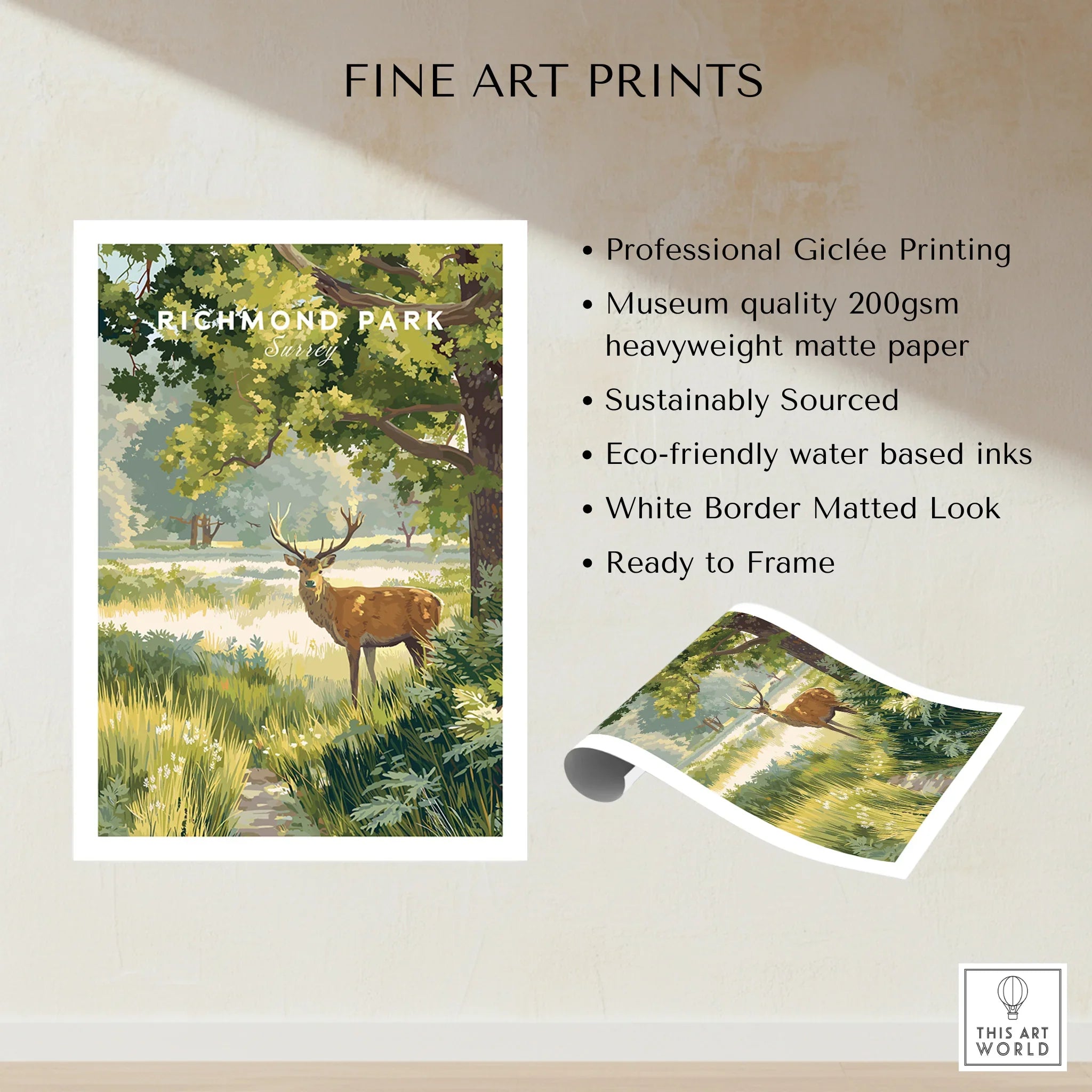 Richmond Park art print with stag in sunlit meadow, unframed travel poster illustration