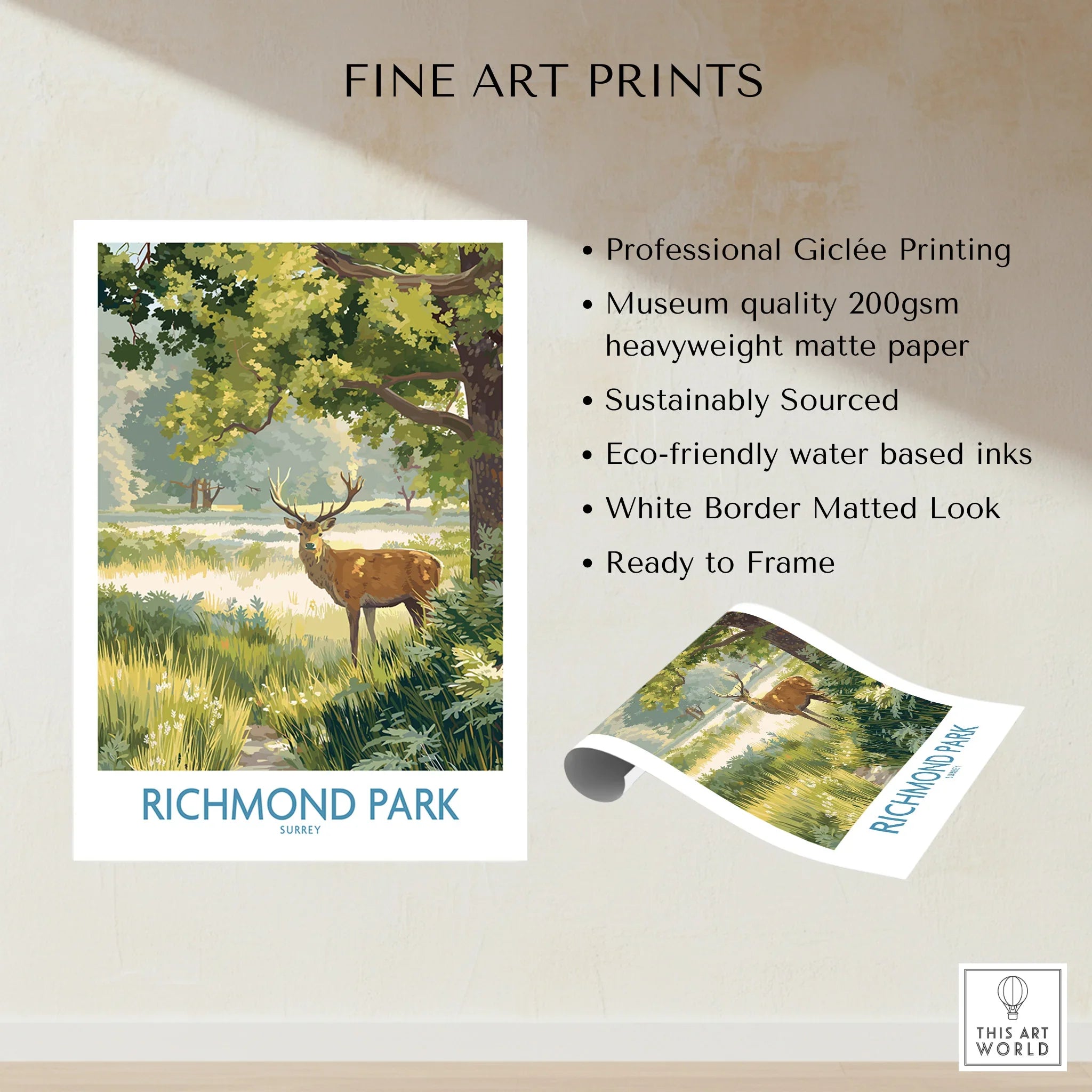 Richmond Park art print featuring a deer in a sunlit meadow, unframed fine art poster