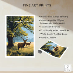 Richmond Park fine art print with deer, tree, and landscape, unframed wall art details.