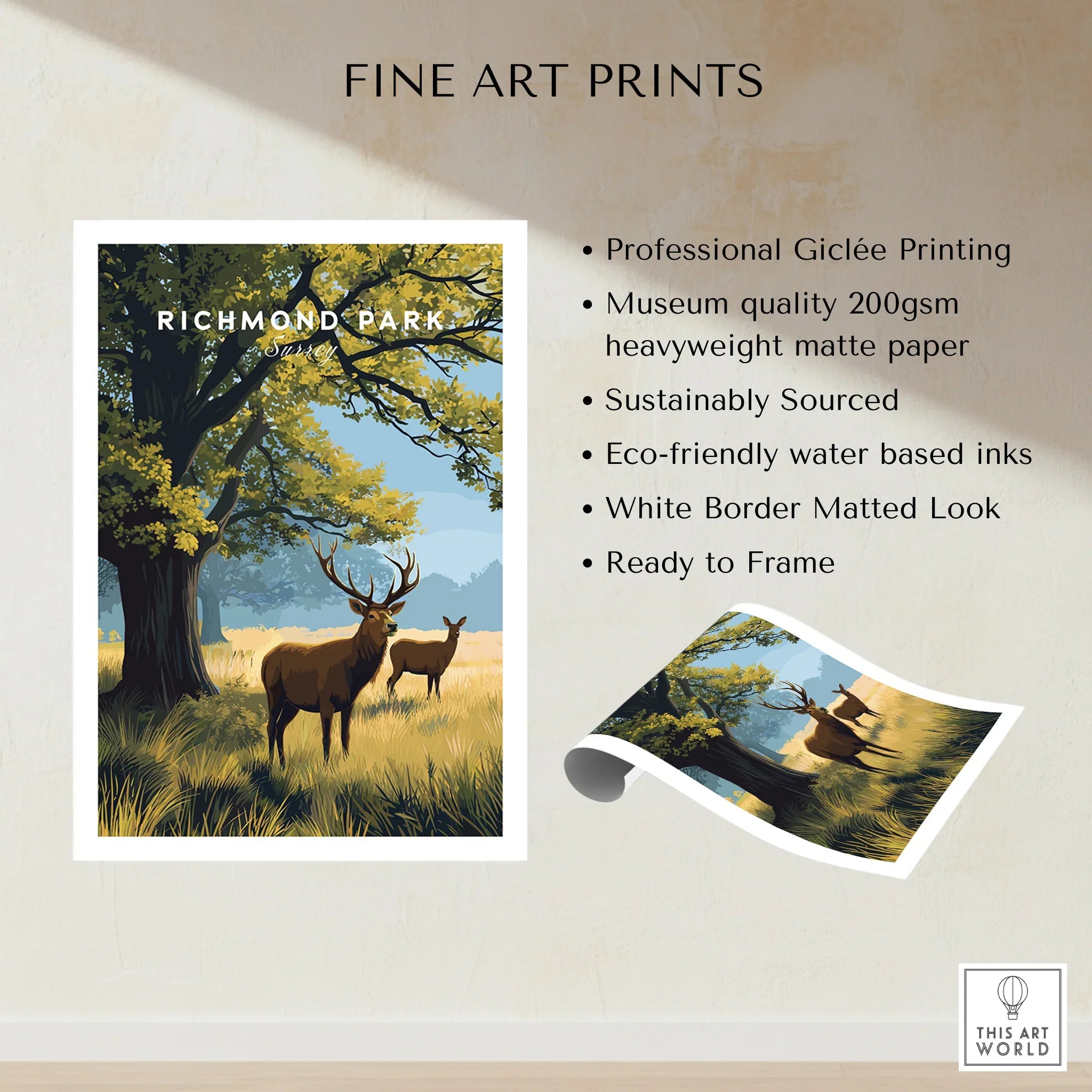 Richmond Park fine art print with deer, tree, and landscape, unframed wall art details.