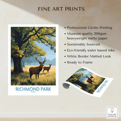 Richmond Park art print with deer under tree, unframed, matte paper, nature wall decor