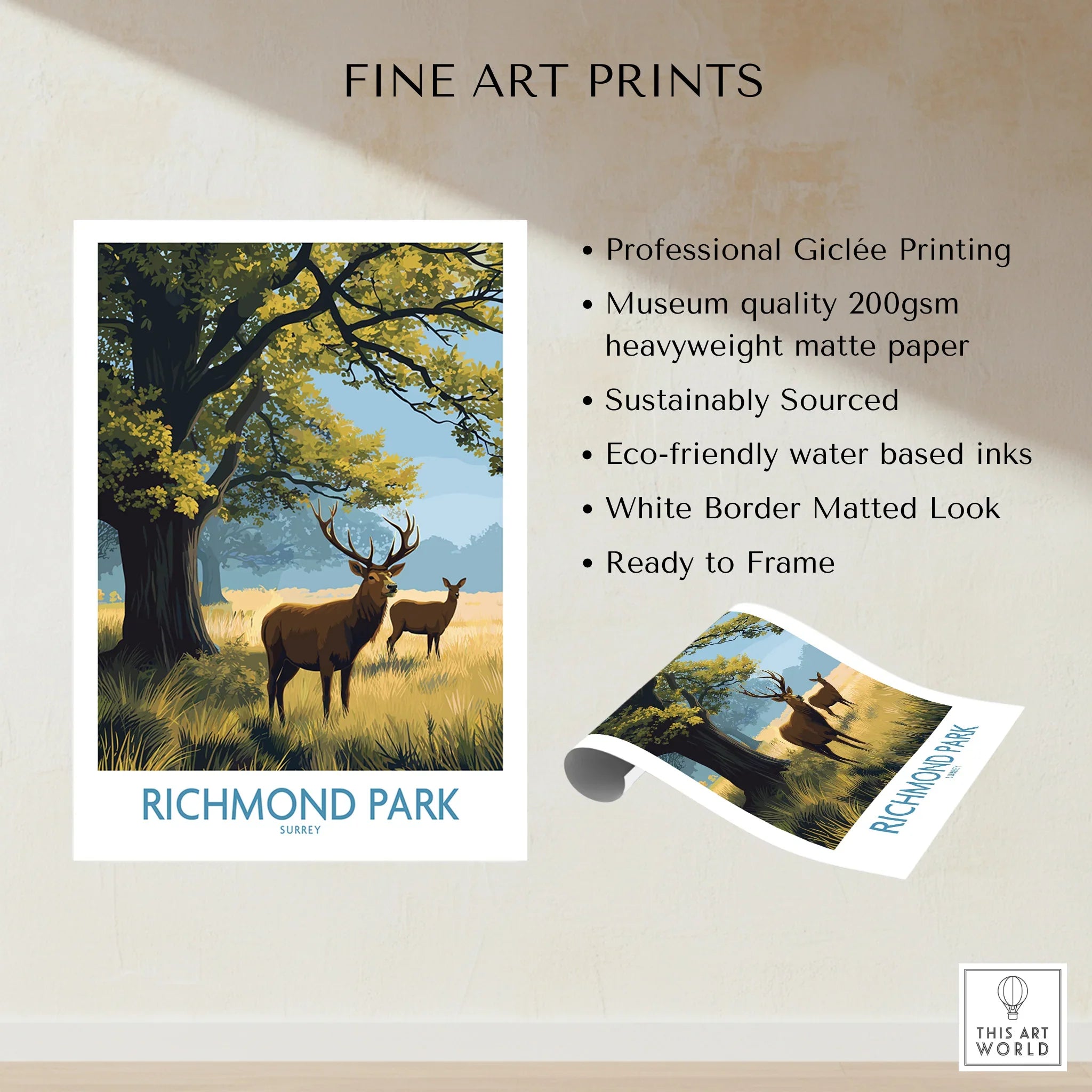 Richmond Park art print with deer under tree, unframed, matte paper, nature wall decor