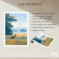 Richmond Park art print with stag in meadow, city skyline, and fine art print features listed