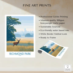 Richmond Park art print featuring a stag in grassy landscape, city skyline in background.