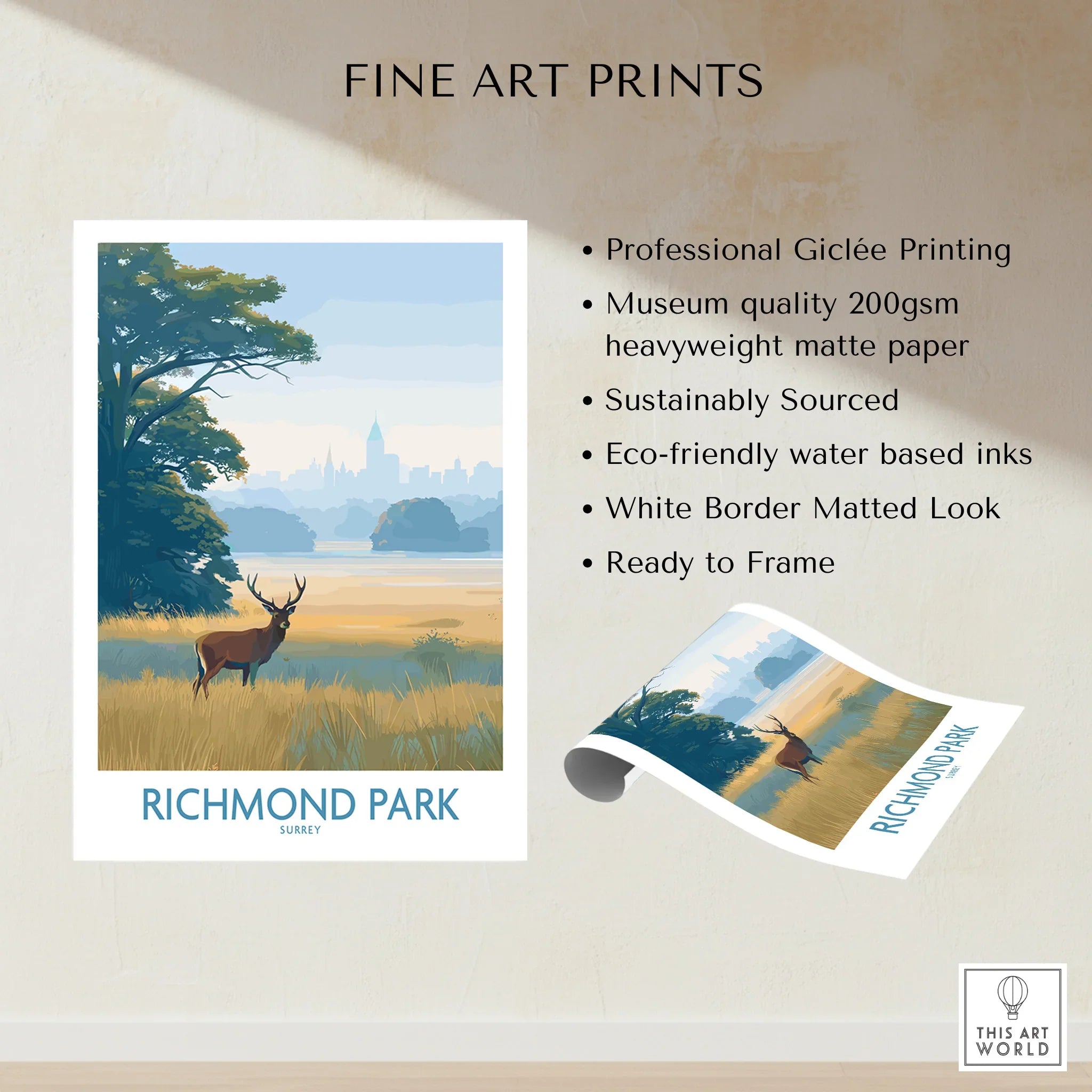 Richmond Park art print featuring a stag in grassy landscape, city skyline in background.
