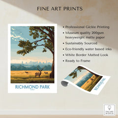 Richmond Park art print featuring deer in a field with city skyline, unframed wall decor.