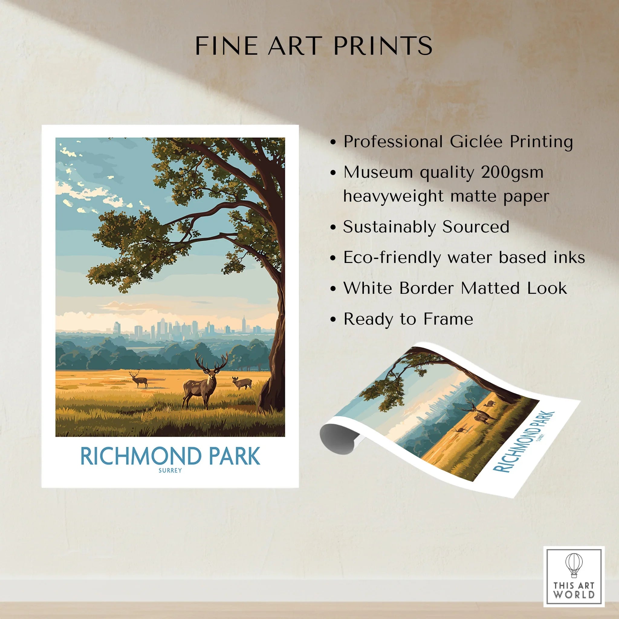 Richmond Park art print featuring deer in a field with city skyline, unframed wall decor.