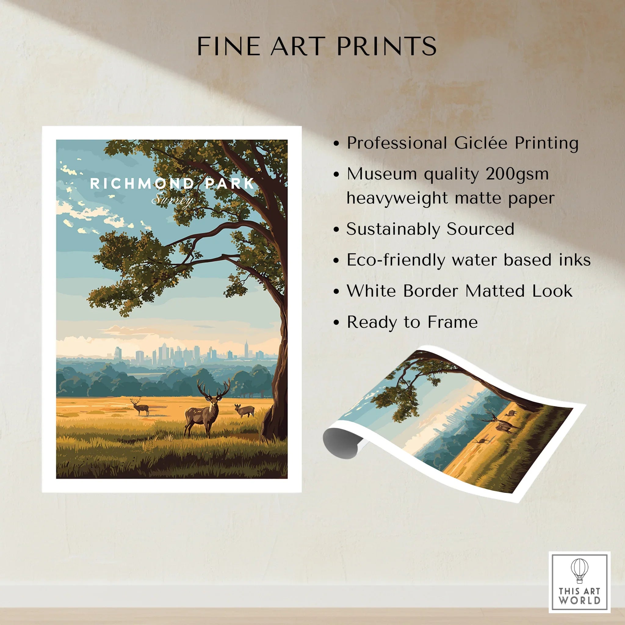 Richmond Park fine art print with deer, scenic landscape and city skyline, unframed wall art