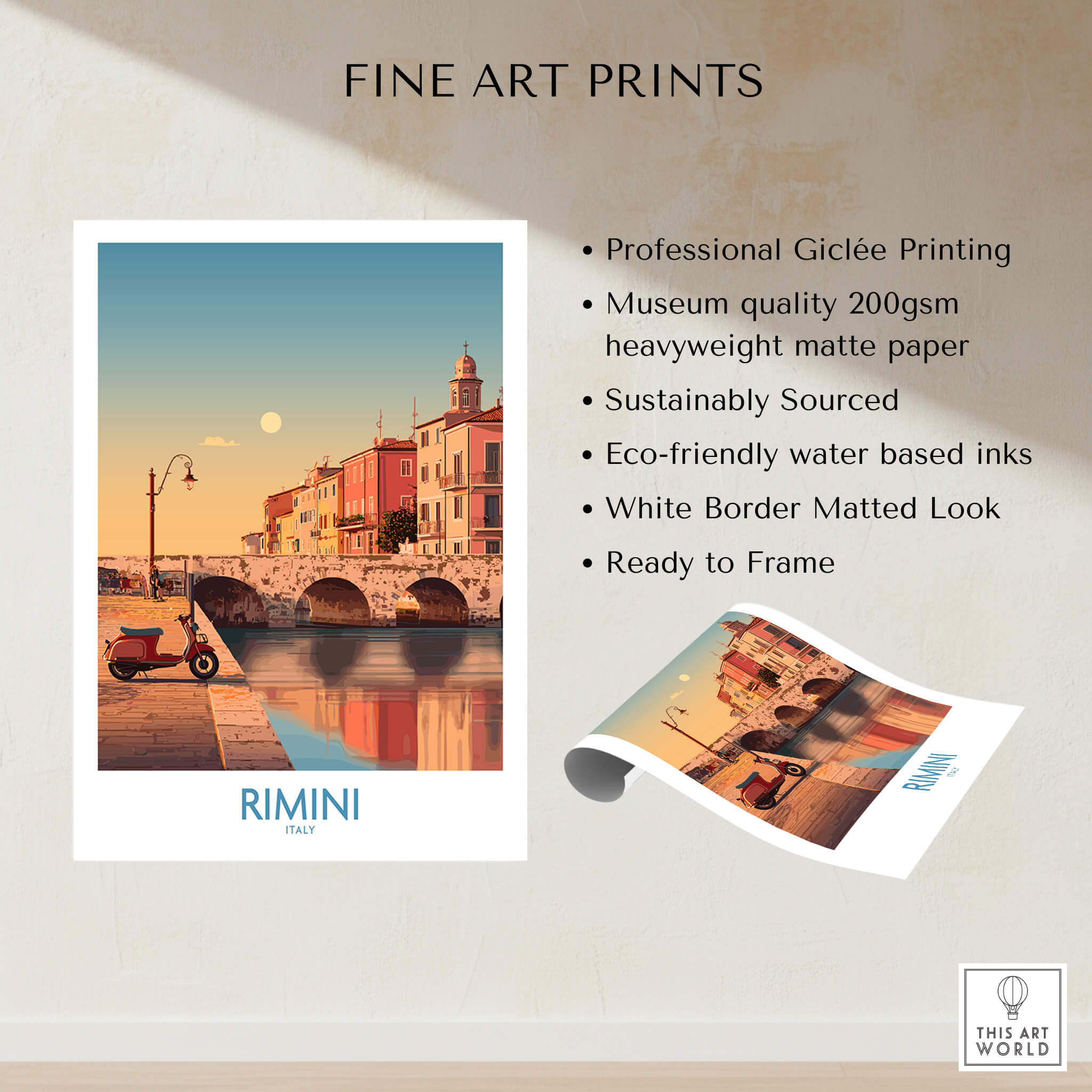 Rimini Italy Poster | Vintage Vespa & Historic Bridge Canvas Print showcasing iconic architecture and vintage charm.