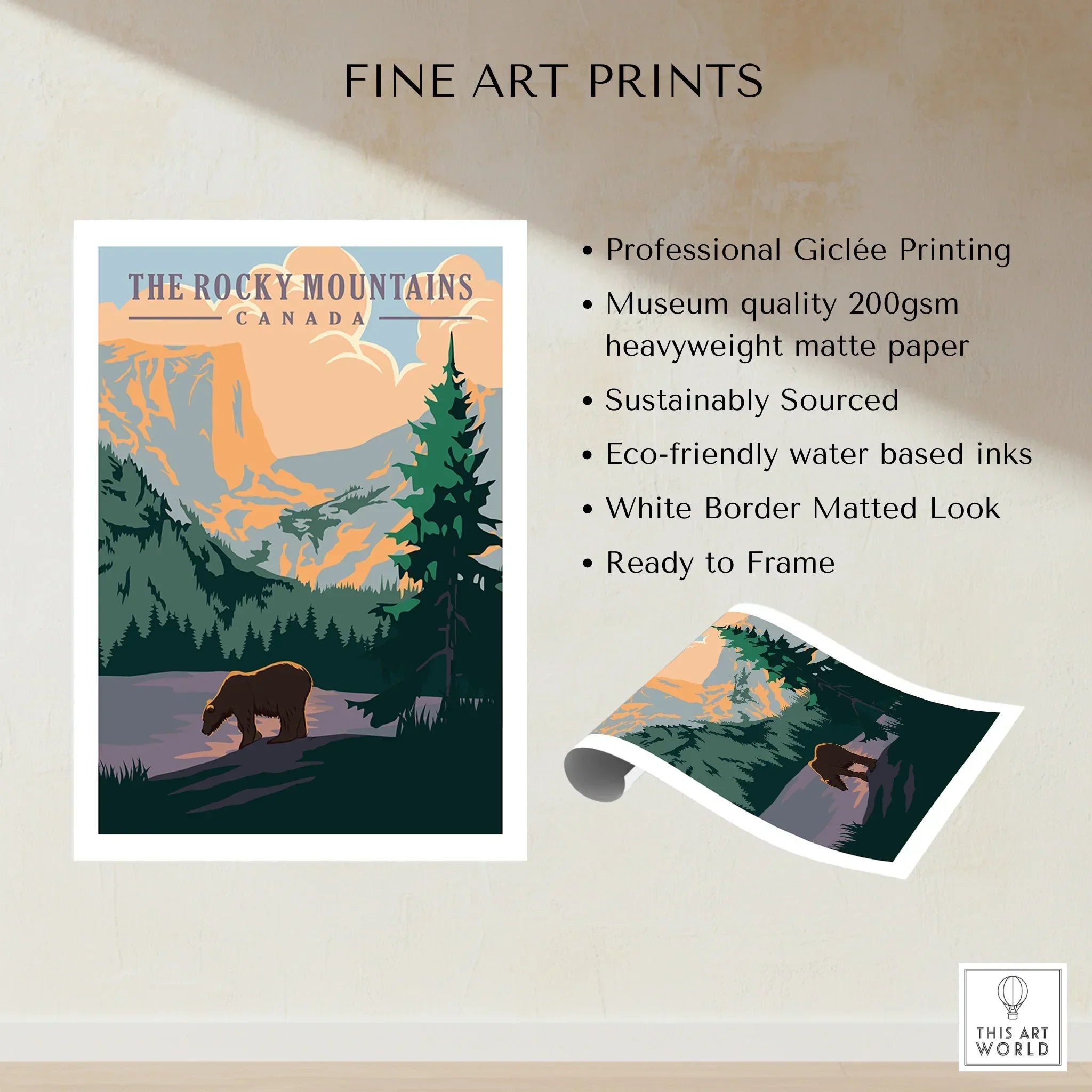 Rocky Mountains Canada art print with bear, mountain landscape, and forest, unframed