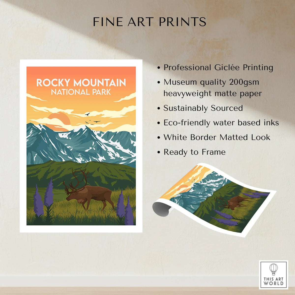 Rocky Mountain National Park fine art print with elk, wildflowers, and snowy mountains