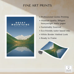 Rocky Mountains National Park fine art print with snowy peaks, forest, and reflective lake.