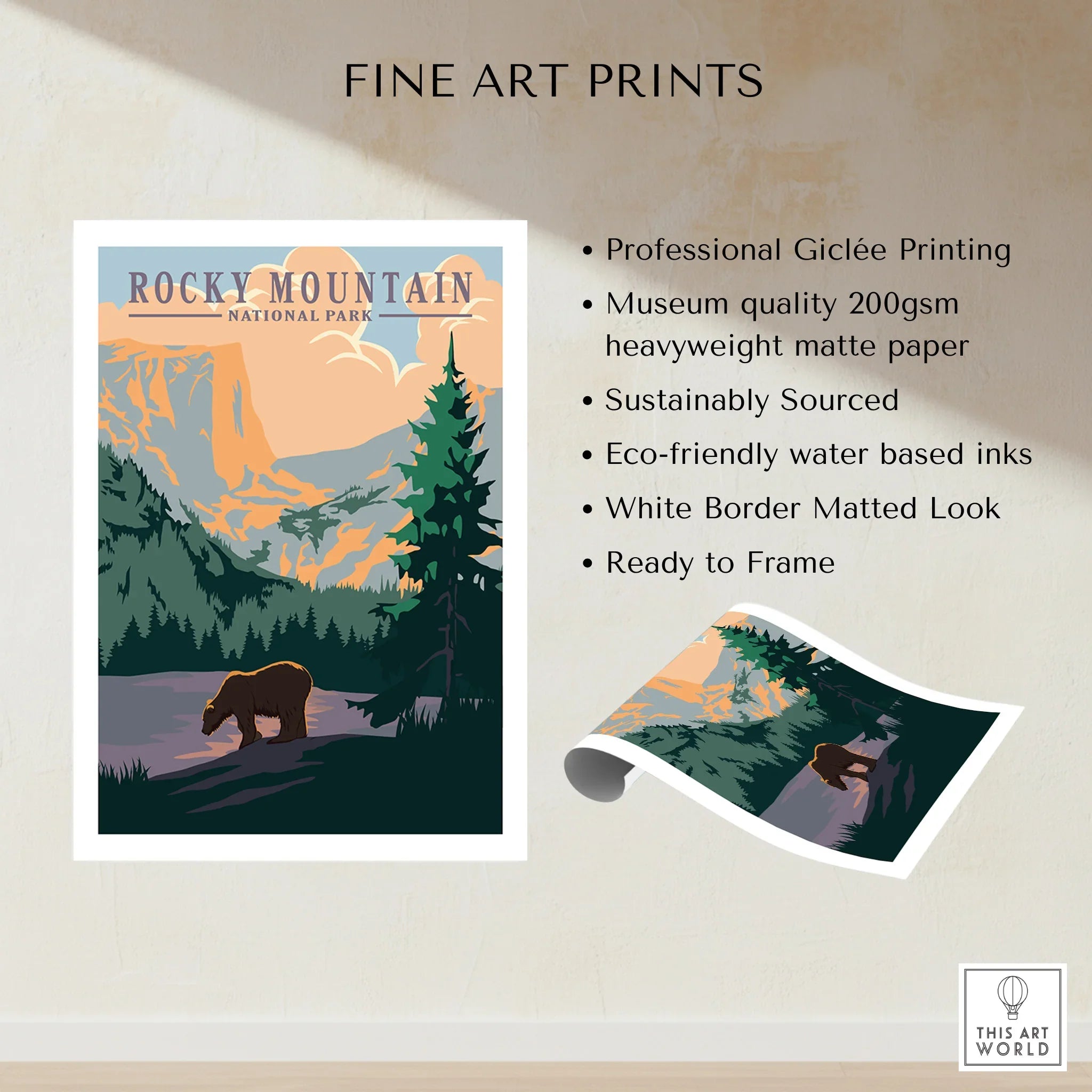Rocky Mountain National Park bear art print with forest and mountain landscape, unframed