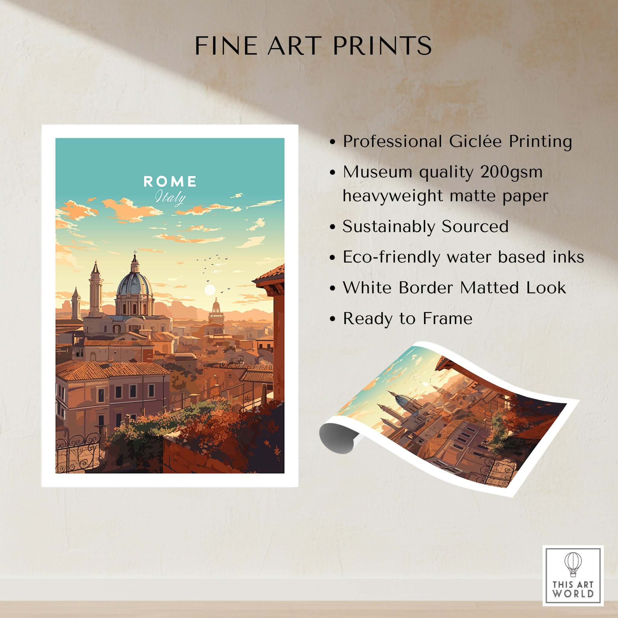 Rome Print featuring professional Giclée printing on heavyweight matte paper, ideal for framing.