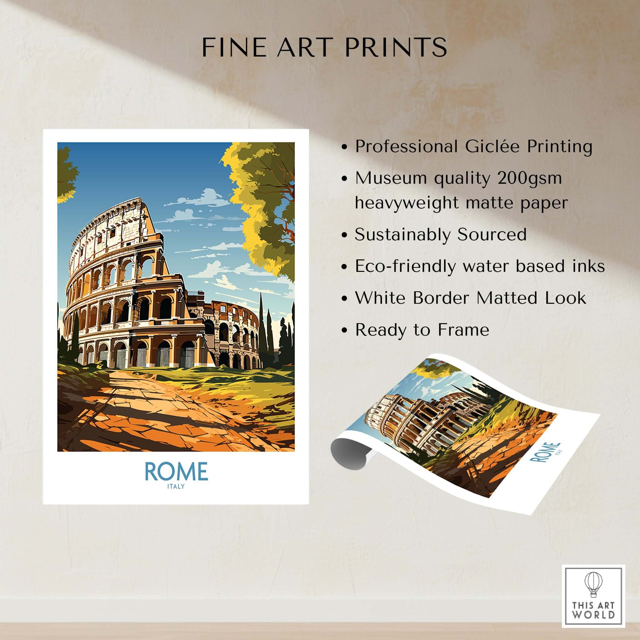 Rome Print with Colosseum featuring vibrant colors and detailed architecture, perfect for home décor.