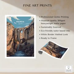Ronda Spain Wall Art Print | Puente Nuevo Gorge Waterfall Travel Poster showcasing the iconic bridge and gorge.
