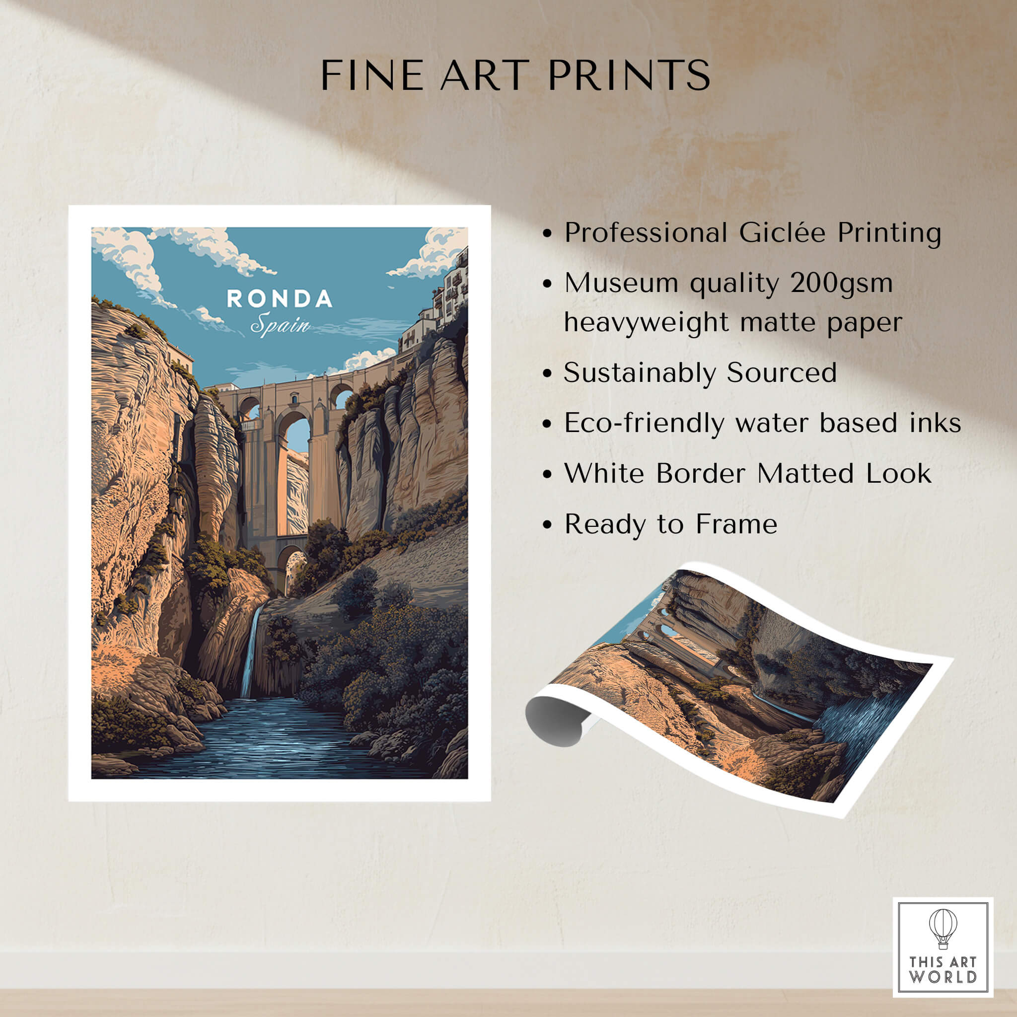 Ronda Spain Wall Art Print | Puente Nuevo Gorge Waterfall Travel Poster showcasing the iconic bridge and gorge.
