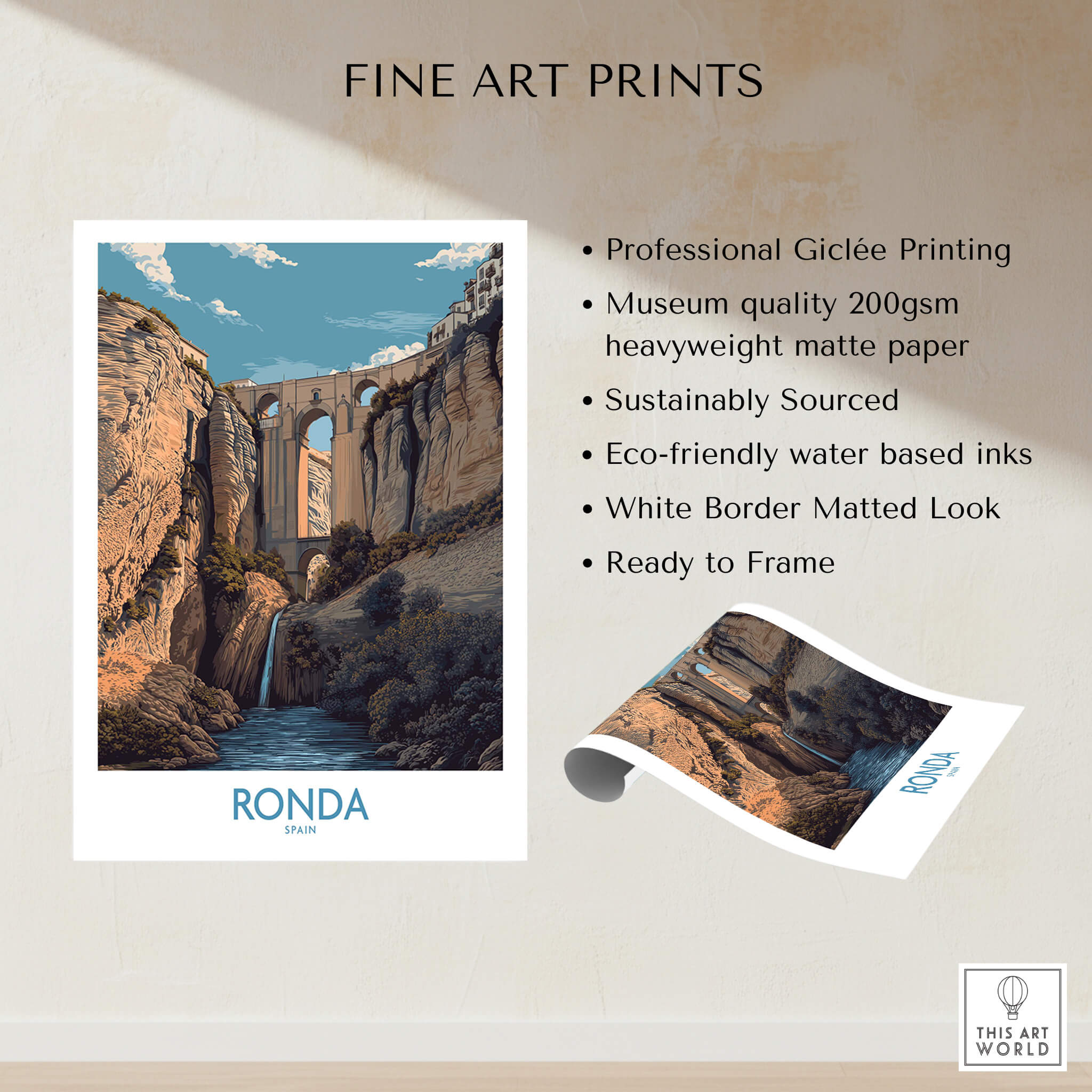 Ronda Spain Poster | Dramatic Andalusian Mountain Bridge Canvas Print showcasing Puente Nuevo and natural landscape.