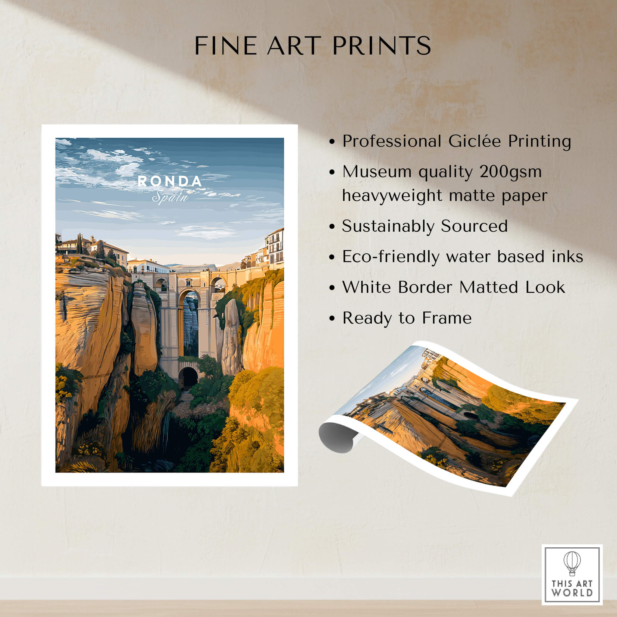 Ronda Spain Wall Art Print | Historic White Village Cliffside Travel Poster showcasing scenic views and professional quality features.