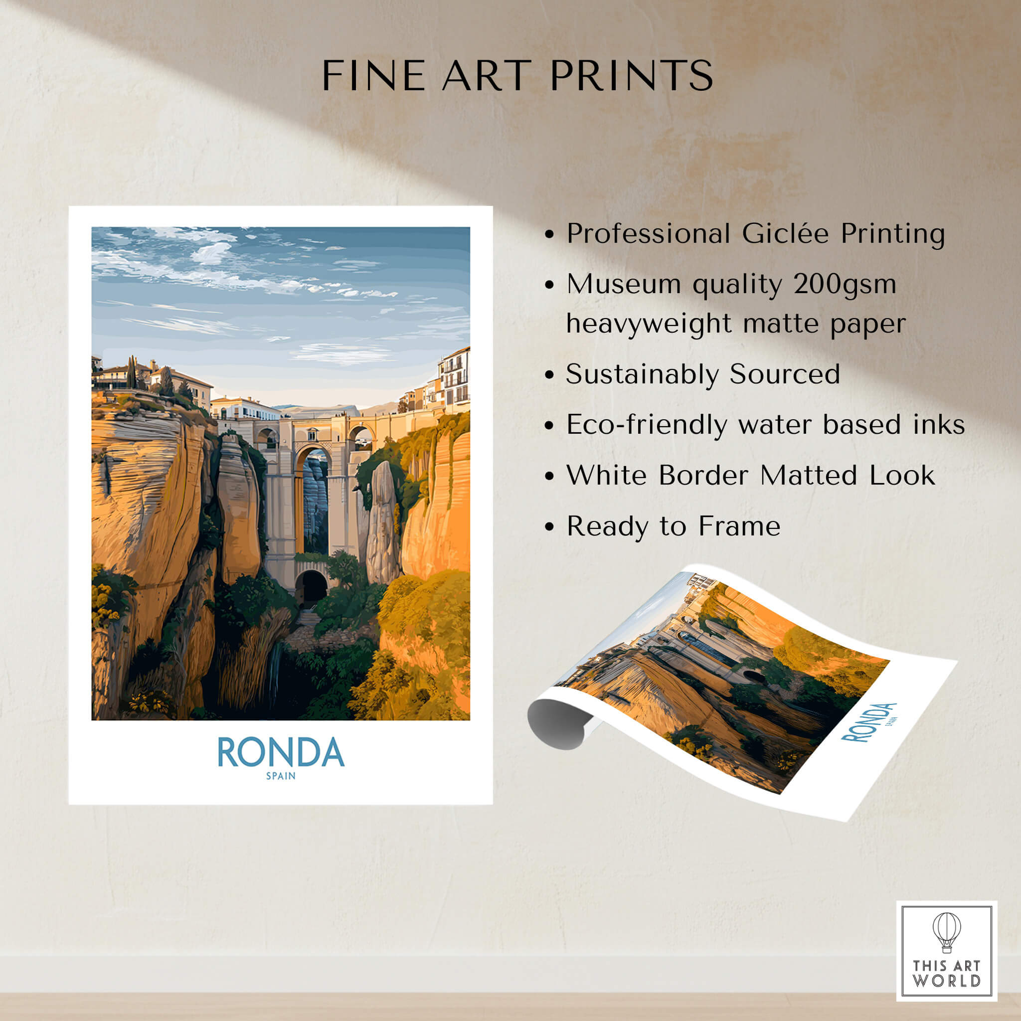 Ronda Spain Poster | Iconic Stone Bridge & Valley View Canvas Print showcasing a beautiful landscape in Ronda.