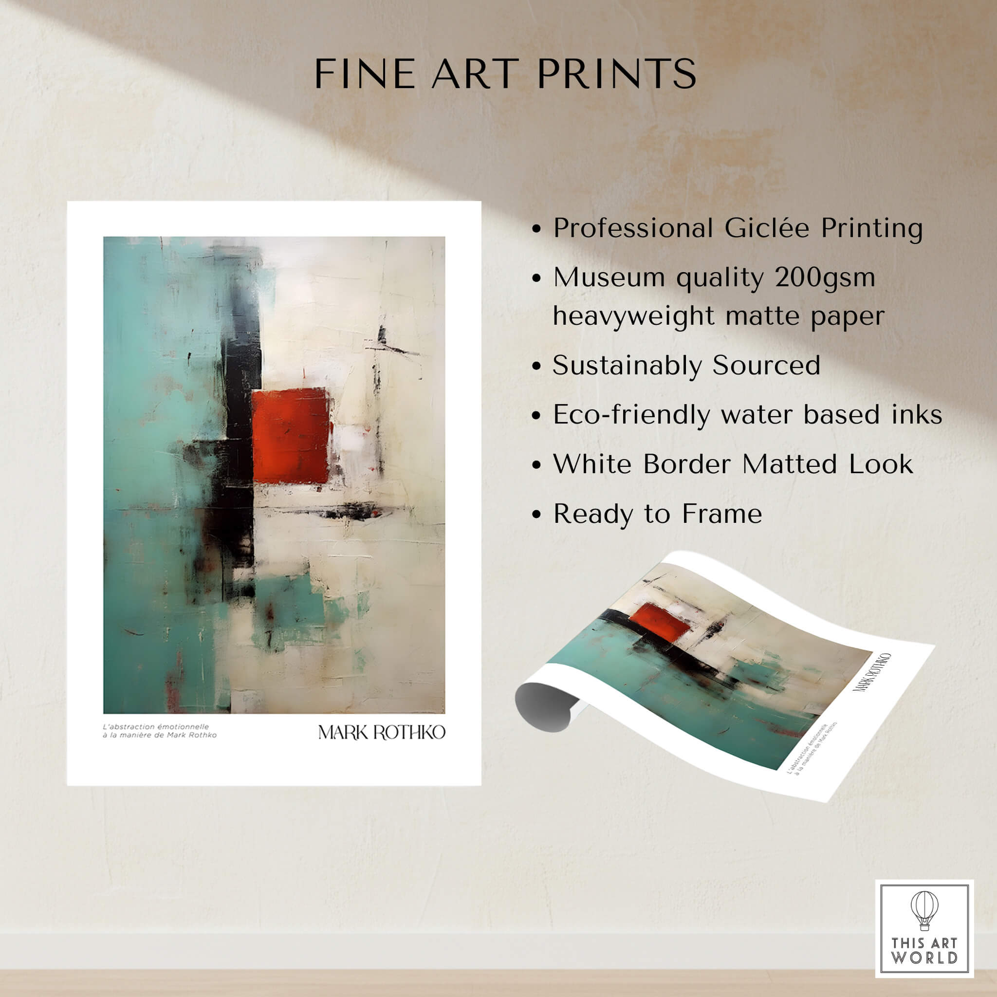 Rothko Inspired Abstract Red and Mint Art Print | Mid-Century Modern Wall Decor showcased on professional Giclée printed matte paper.