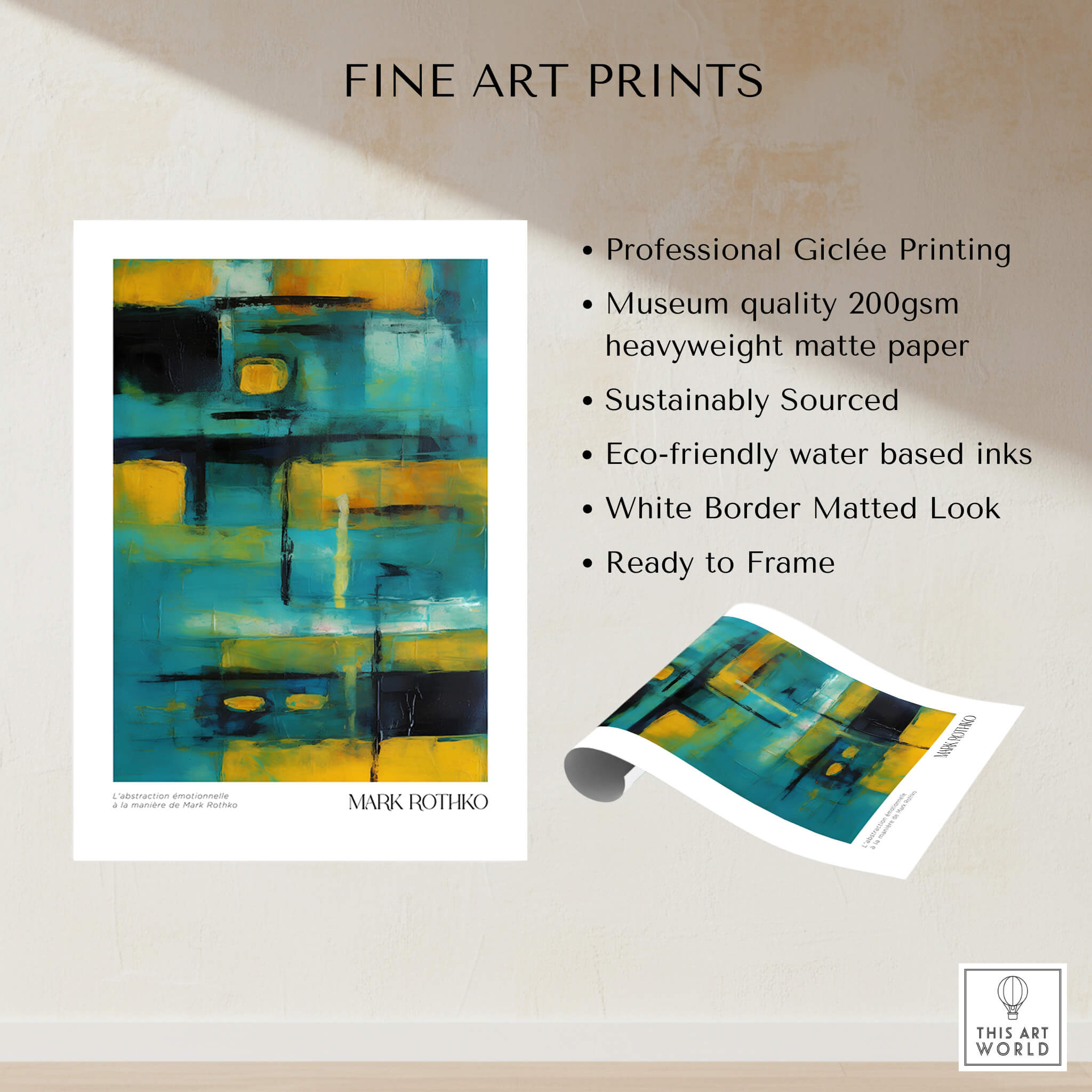 Rothko Inspired Abstract Yellow and Teal Art Print | Modern Poster featuring professional Giclée printing and eco-friendly inks.