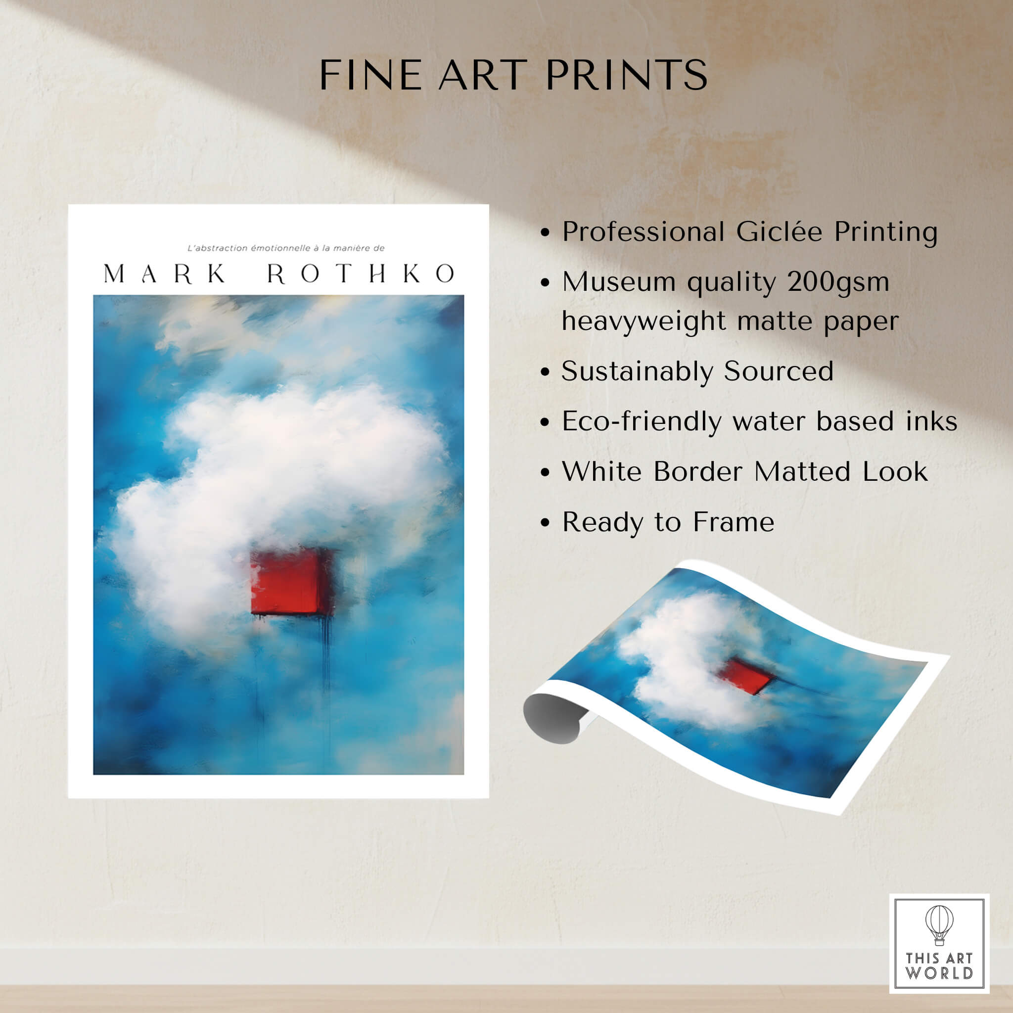 Rothko Style Minimalist Cloud Painting Print | Modern Abstract Wall Decor showcased with fine art prints details.