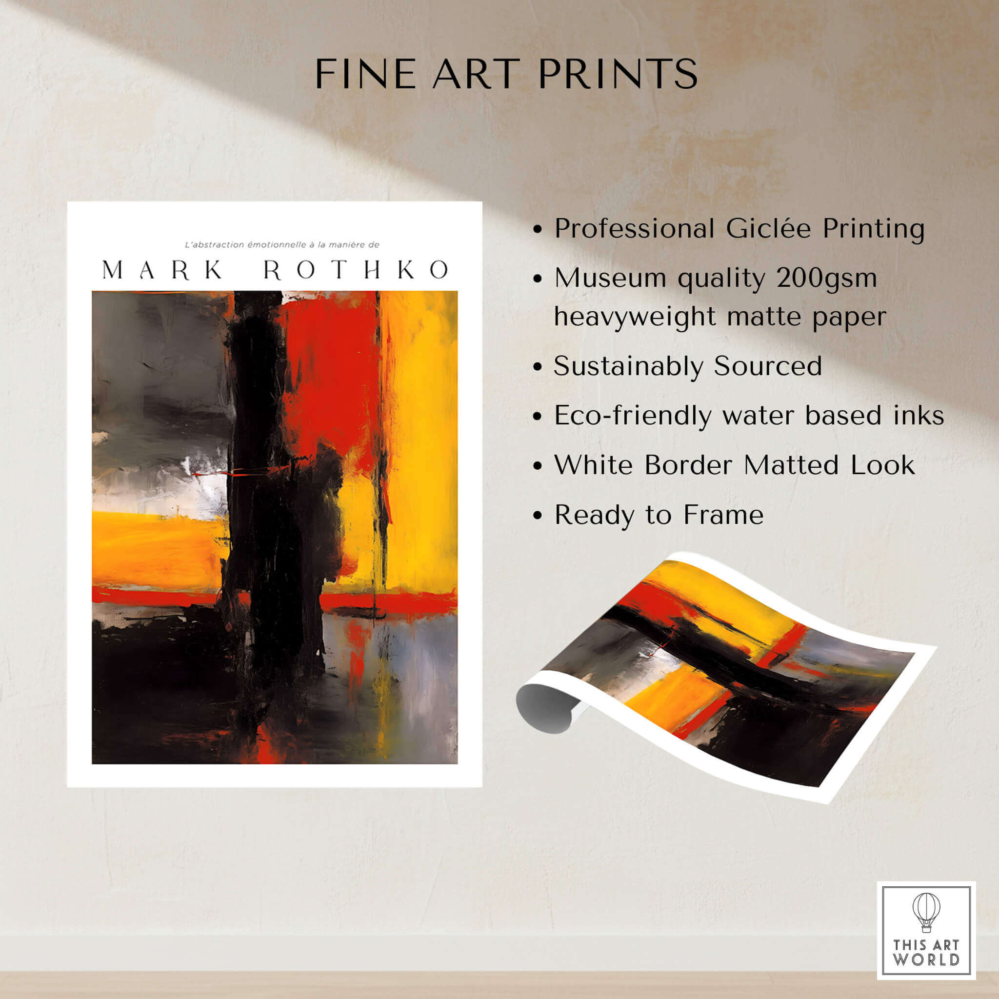 Mark Rothko Style Bold Black and Yellow Abstract Canvas Art Print showcasing professional quality and sustainable features.
