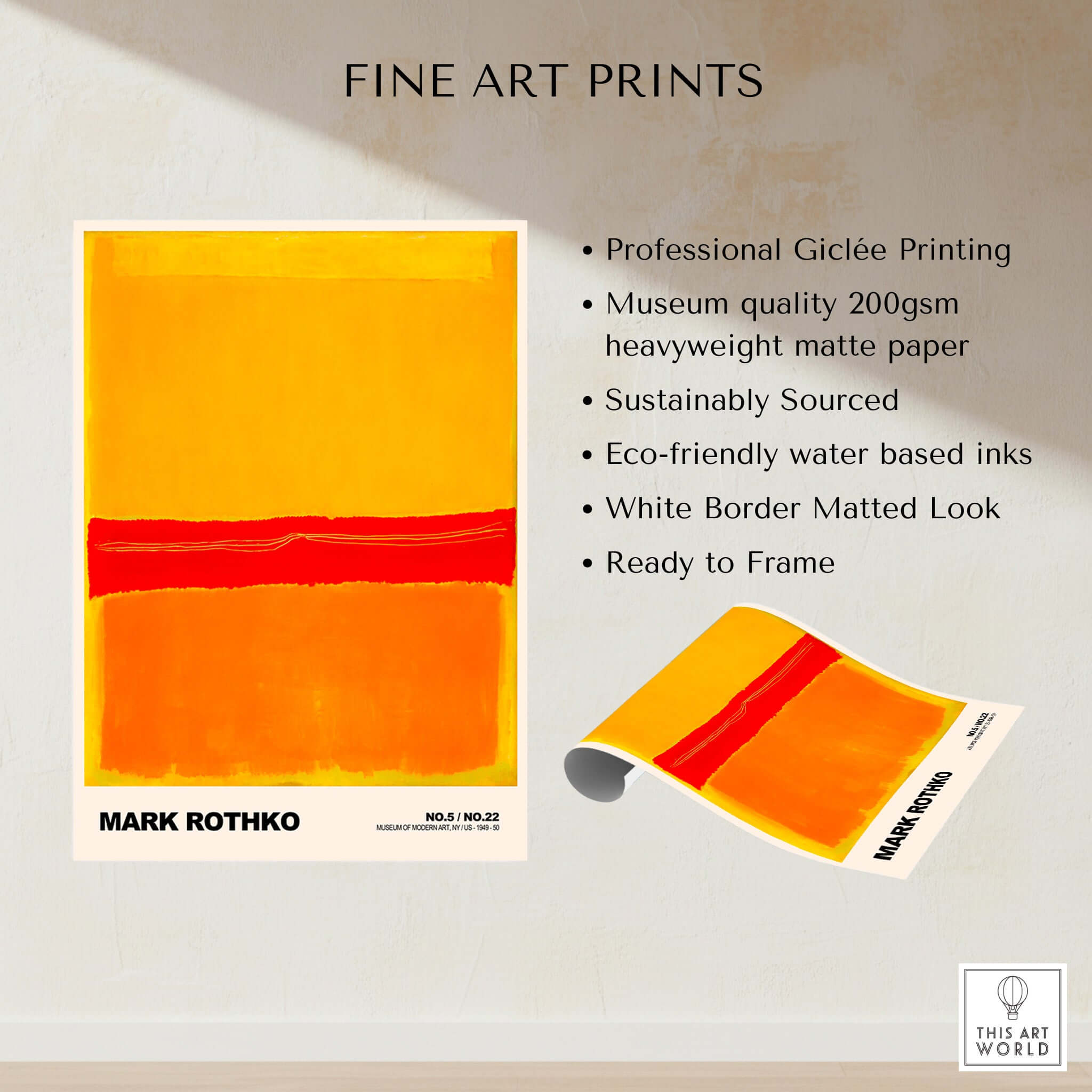 Mark Rothko No 5 No 22 Abstract Expressionist Print Red Orange Yellow Poster Wall Art features vibrant orange and red colors.