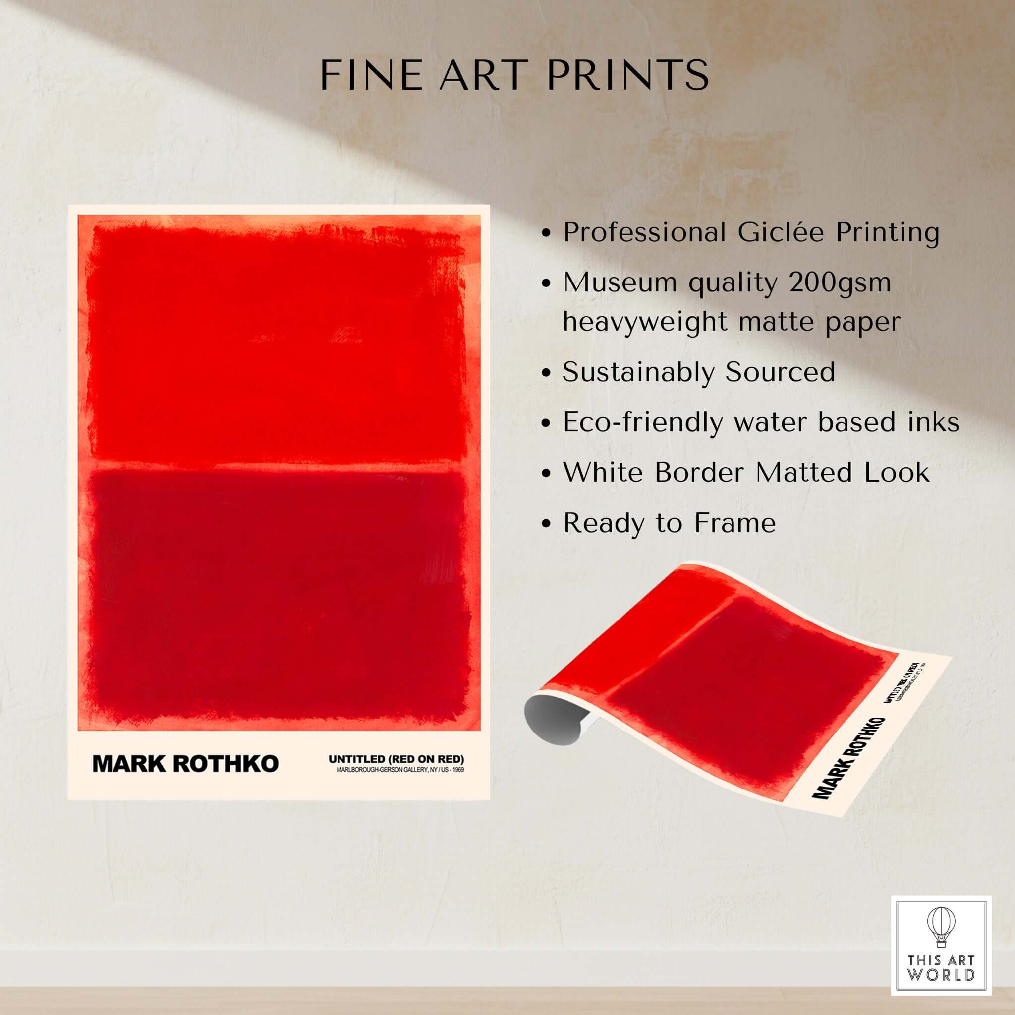 Mark Rothko Untitled Red on Red 1969 Abstract Art Print Color Field Painting Poster featuring a vibrant red design with printing details.