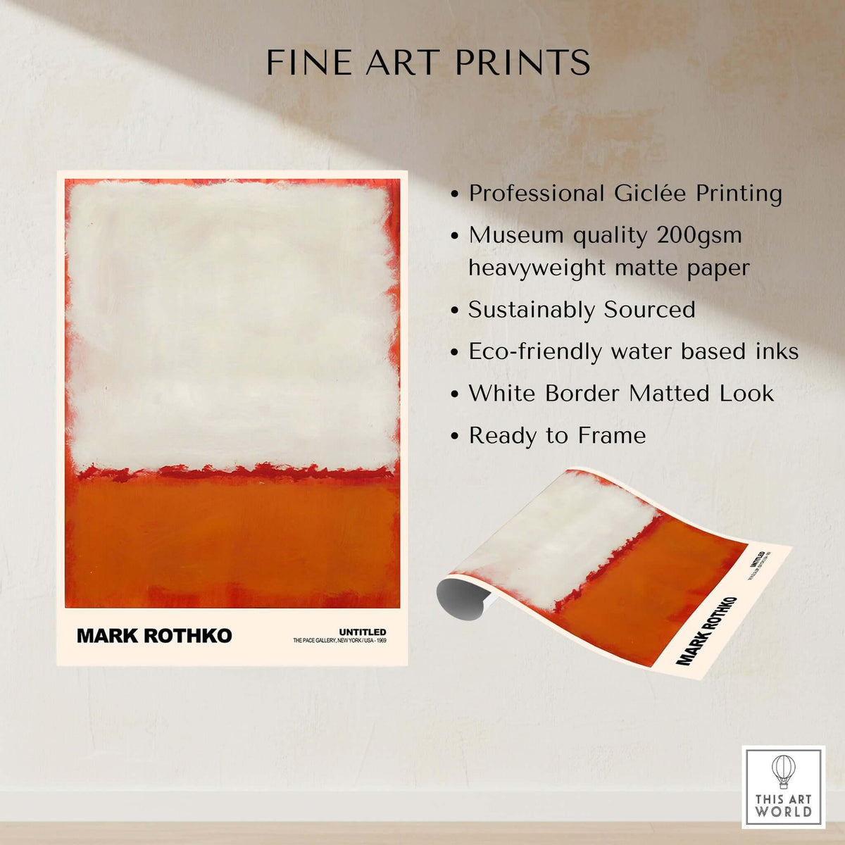 Mark Rothko Untitled 1969 Abstract Expressionism Poster White Orange Color Field Print features Giclée printing and quality materials.