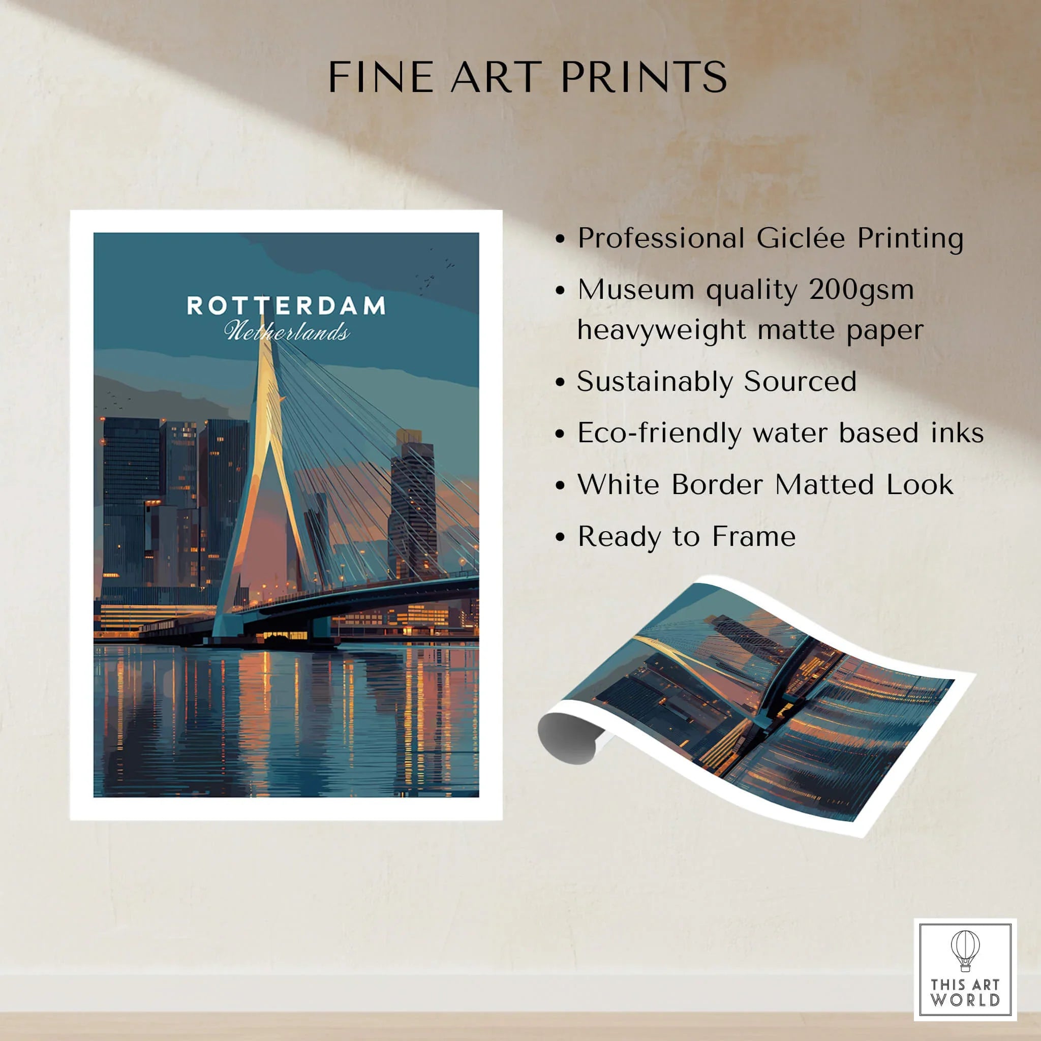 Rotterdam skyline fine art print with city bridge, unframed, premium matte wall art