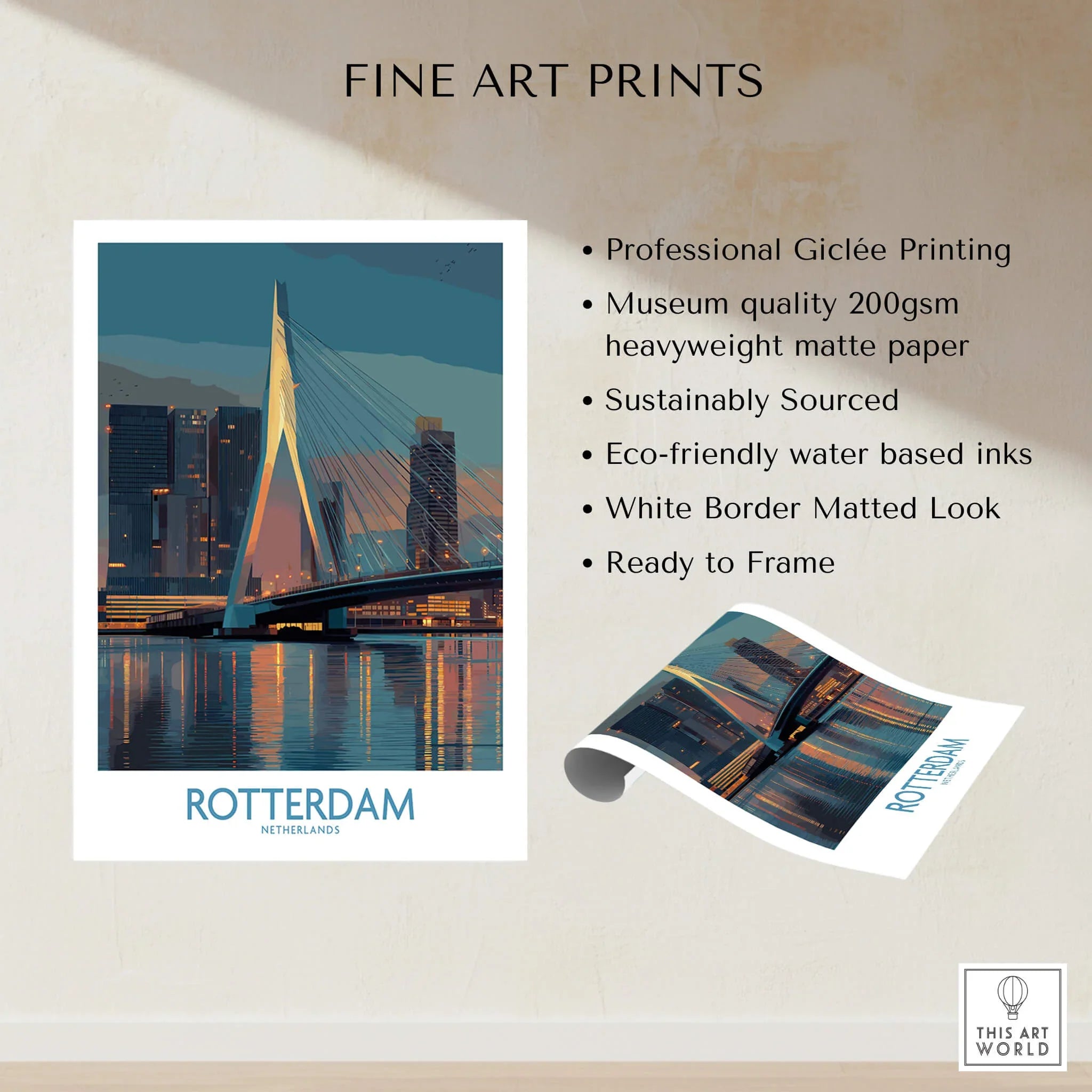 Rotterdam skyline art print featuring Erasmus Bridge at sunset, museum quality matte paper