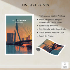 Rotterdam Netherlands skyline art print with bridge at sunset, unframed fine art poster
