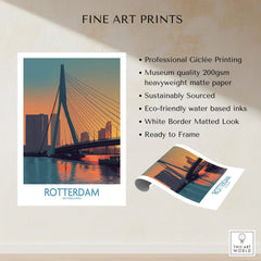Rotterdam city skyline fine art print with iconic bridge at sunset, ready to frame