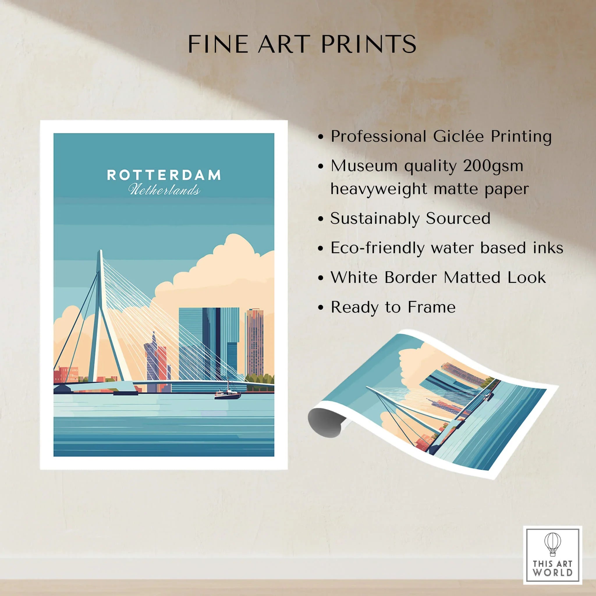 Rotterdam art print with city skyline and bridge, unframed, museum quality matte paper