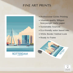 Rotterdam Netherlands skyline fine art print with Erasmus Bridge, unframed poster details