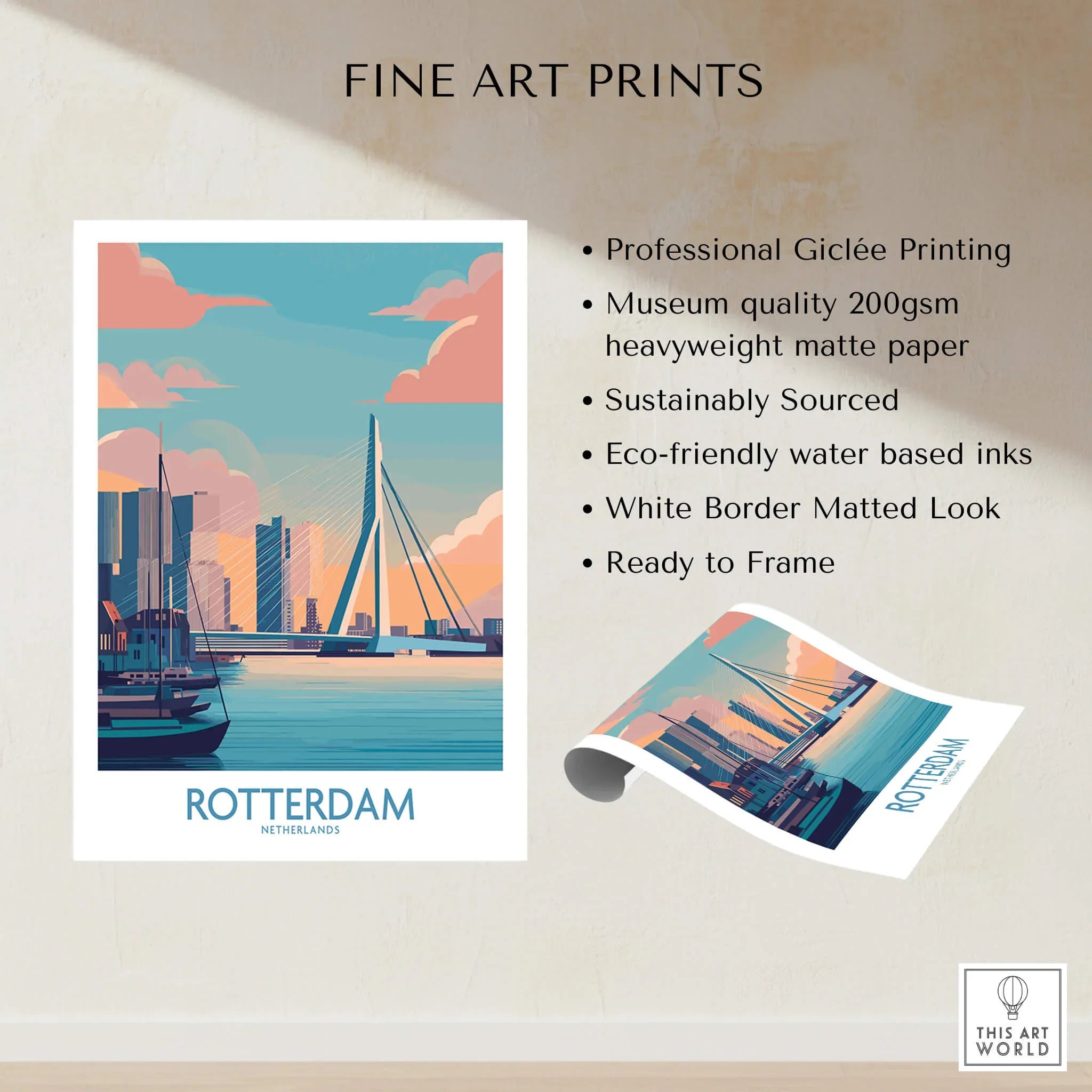 Rotterdam skyline art print with modern bridge, unframed, museum-quality matte paper details.