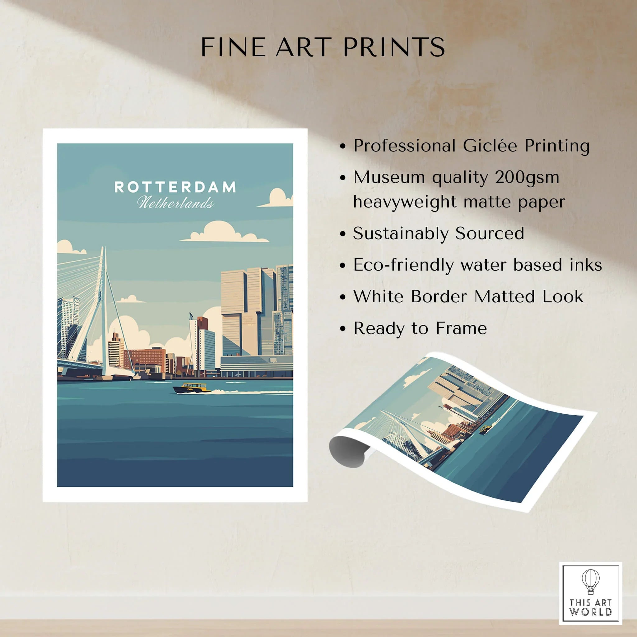 Rotterdam skyline travel poster art print, unframed, matte paper, cityscape wall decor